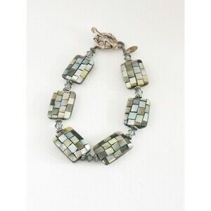 Genuine Abalone Mother of Pearl Mosaic Beaded  Bracelet Sterling Toggle Clasp